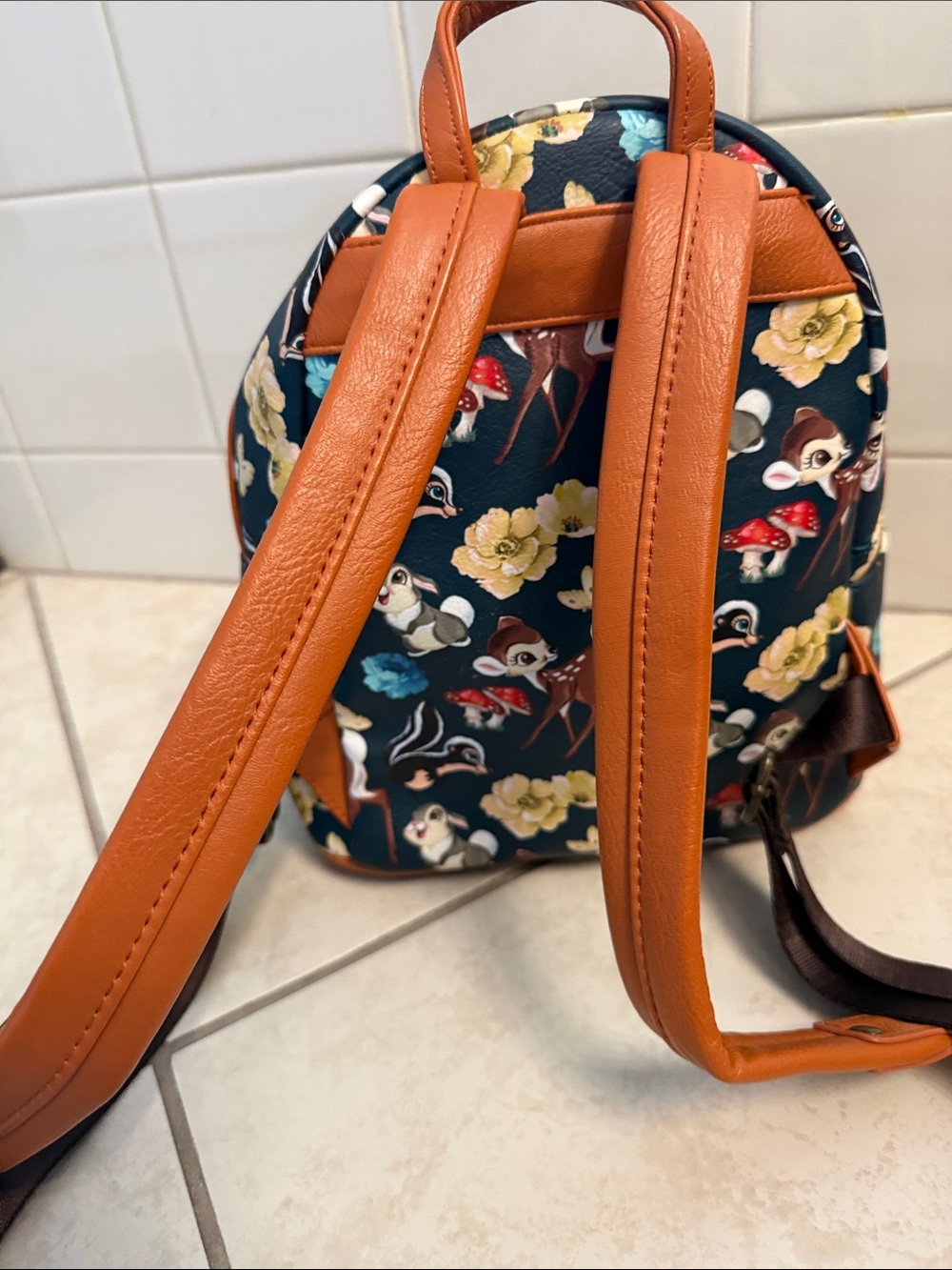 Disney Loungefly Navy Bambi & Floral Mini Backpack with Brown Trim - Picture 2 of 4